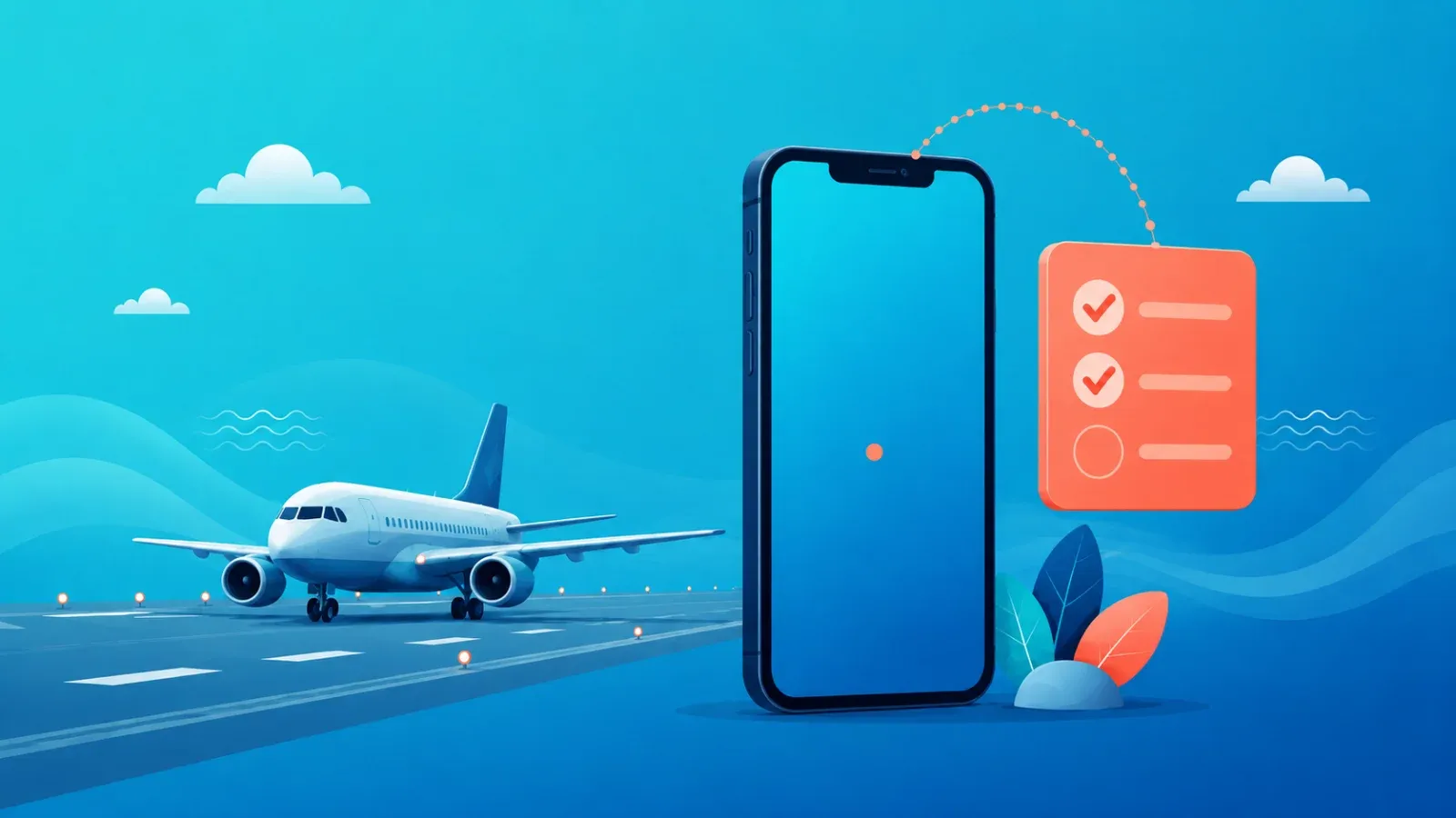 到着後にeSIMがつながらないときの対処法のイメージイラスト(着陸した飛行機とスマートフォン)